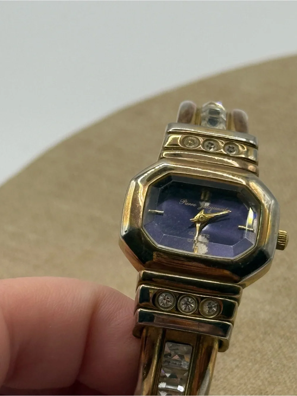 Pierre Jacquard Gold Tone Cuff Watch Rhinestones Metal Band Blue Octagon Dial